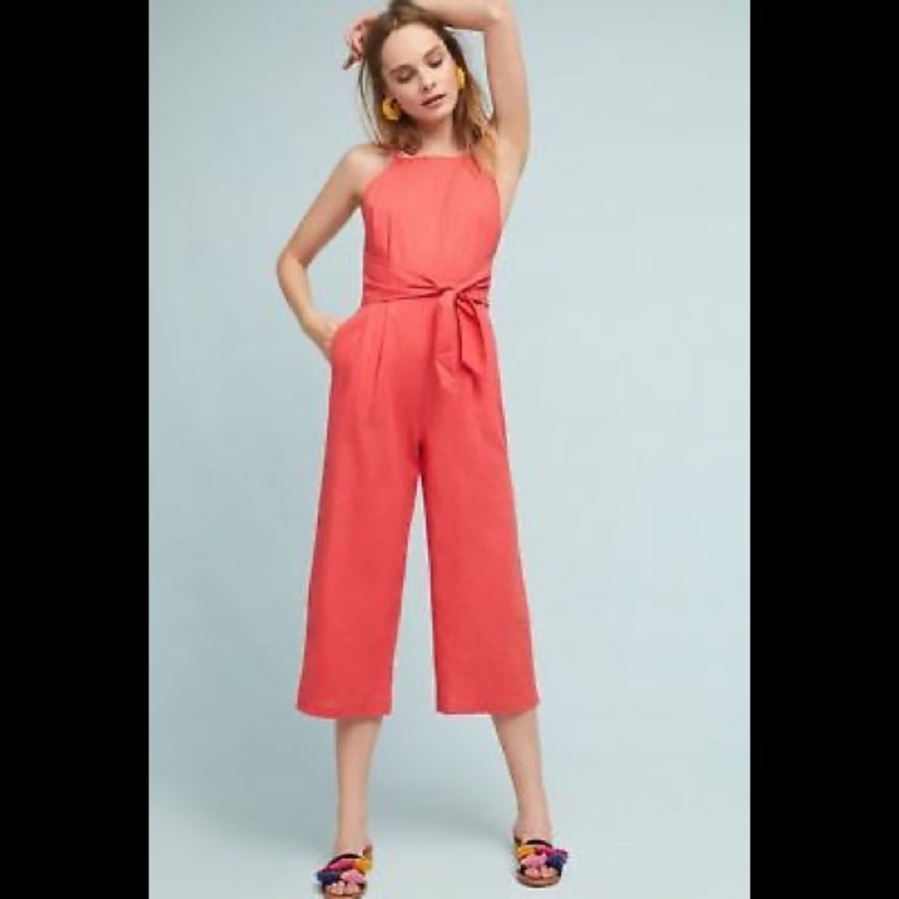Anthropologie Greylin Coral Tie Linen Jumpsuit